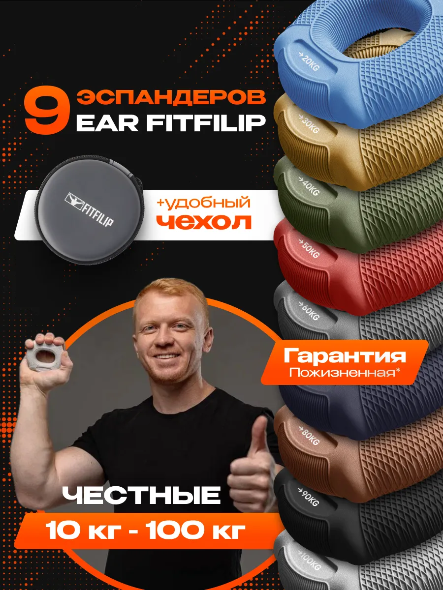 Набор кистевых эспандеров FITFILIP EAR 10–100 кг (9 шт.) с кейсом